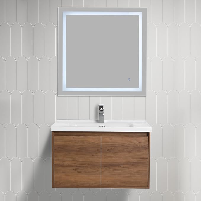 Blossom Modern 32 Inch Floating Bathroom Vanity | Walnut Wood Wall Mount Cabinet & Ceramic Sink | Water-Resistant Wood Core | Soft-Close Minimalist Storage for Master Bath