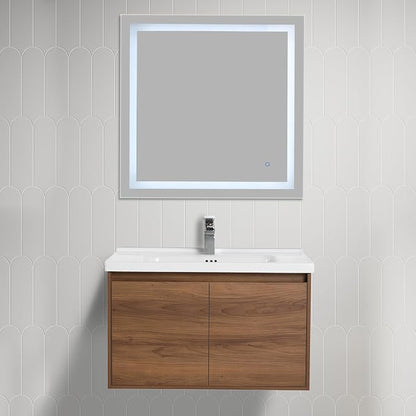 Blossom Modern 32 Inch Floating Bathroom Vanity | Walnut Wood Wall Mount Cabinet & Ceramic Sink | Water-Resistant Wood Core | Soft-Close Minimalist Storage for Master Bath