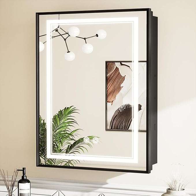 TETOTE 24 x 30 Black Led Lighted Medicine Cabinet Mirror with 3-Color Lights, Wall Mount or Recessed Cabinet Mirror for Bathroom with Storage, Tempered Glass, 2 Outlets, Anti-Fog, Adjustable Shelf