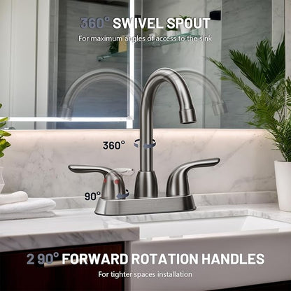 Bathroom Sink Faucet for 3 Hole, 4 Inch Stainless Steel Faucet for Bathroom, Bathroom Faucets with Deck Plate & Pop-Up Pop-Up Drain Assembly 2-Handle Faucet for Bathroom Sink Vanity RV Restroom