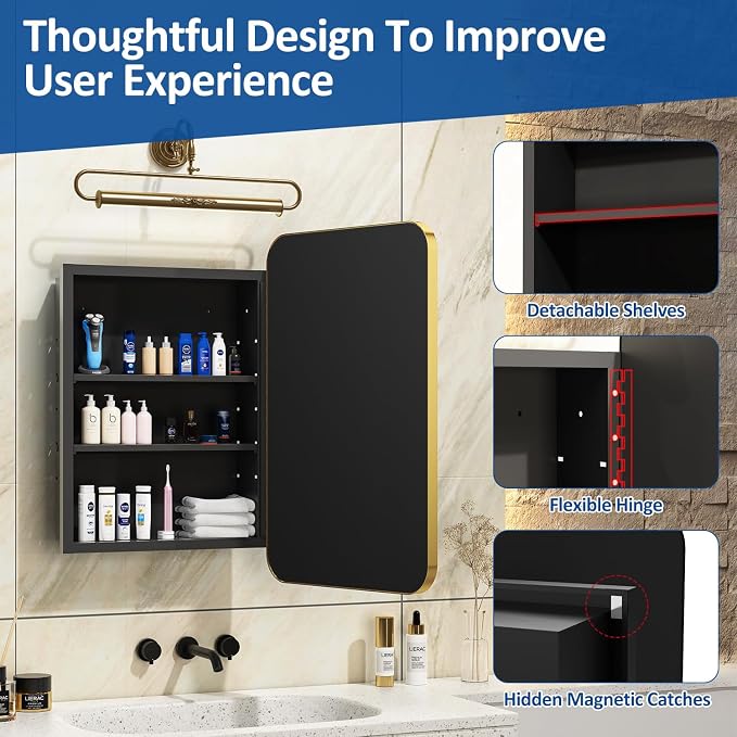 ACEMIRO 16x24 Inch Mirror Medicine Cabinet for Bathroom Gold Metal Frame Bathroom Medicine Cabinet with Mirror Recessed or Wall Mounted