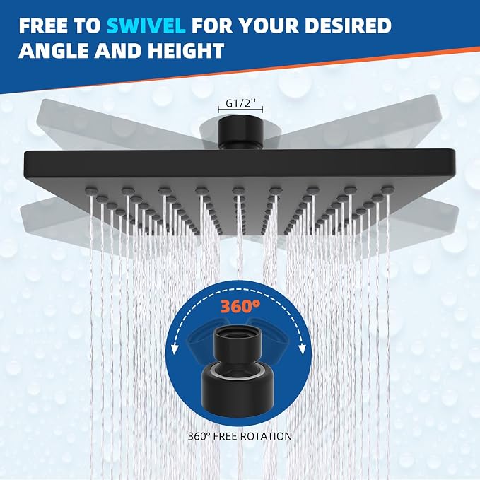 Hibbent cUPC Certified Thickness Metal 6'' Rain Shower Head, Matte Black | High Pressure Shower Head, Bathroom Waterfall Shower Heads, High Flow Fixed Showerheads with Adjustable Brass Ball Joint