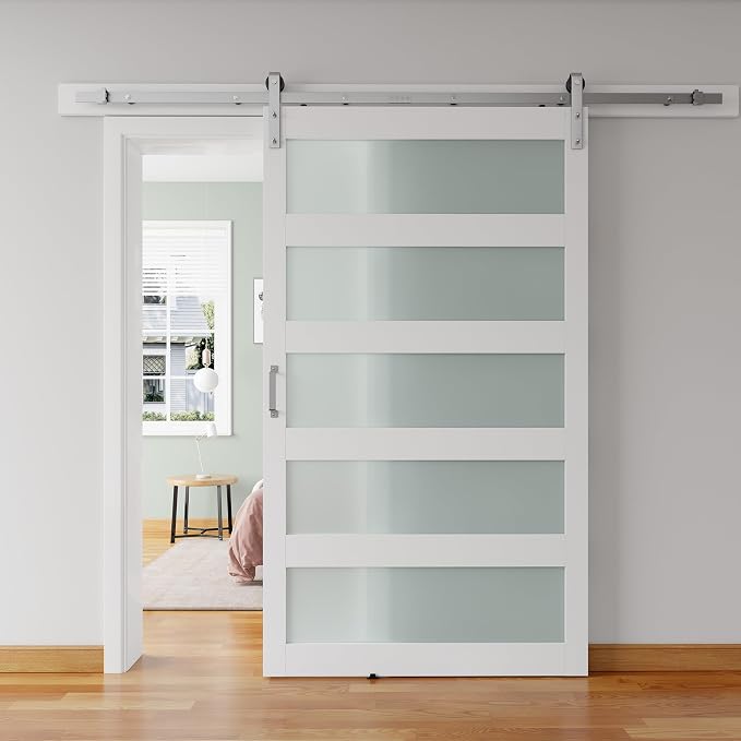 48'' x 84'' Glass Barn Door and 8FT Brushed Nickel Hardware Kit | MDF White Barn Door Slab with Frosted Glass, PVC Surface, Combined with Handle and Floor Guide-Assembly Required