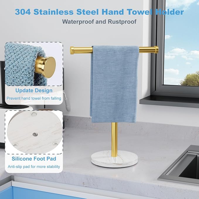 Hand Towel Holder for Bathroom Vanity, Freestanding Towel Stand, Gold | T-shape Stainless Steel Towel Rack with Heavy Marble Base for Hand Towels on Bathroom Vanities, Guest Baths or Counters
