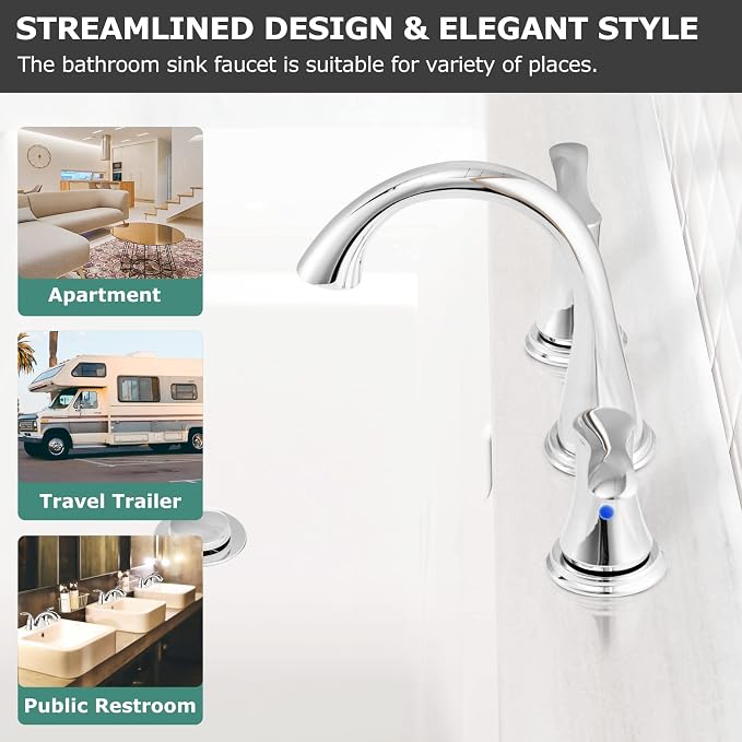 Bathroom Sink Faucet 8 Inch Widespread for Vanity, Chrome | Mid Arc Brass Spout, 2 Handle Lead-Free Bathroom Faucet with Metal Pop Up Drain Supply Lines for 3 Hole Lavatory Utility Sink