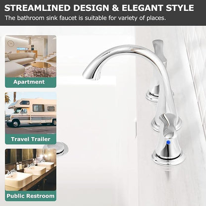 Bathroom Sink Faucet 8 Inch Widespread for Vanity, Chrome | Mid Arc Brass Spout, 2 Handle Lead-Free Bathroom Faucet with Metal Pop Up Drain Supply Lines for 3 Hole Lavatory Utility Sink