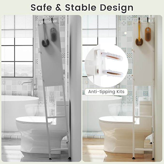 BECOMFORT Over The Toilet Storage Cabinet, Above Toilet Bathroom Shelf with Flip-up PC Doors, Metal Stand & 4 Hooks, Freestanding Space Saver, Over Toilet Bathroom Organizer for Laundry Room (White)