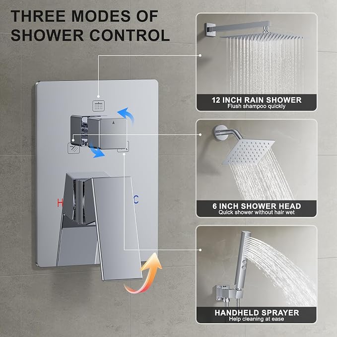 Rain Shower System 12" & 6" Dual Shower Heads, Wall Mount Shower Faucet Set | Ideal for bathroom remodels and upgrades with 12" rain shower, 6" angled shower, handheld spray and complete valve kit.