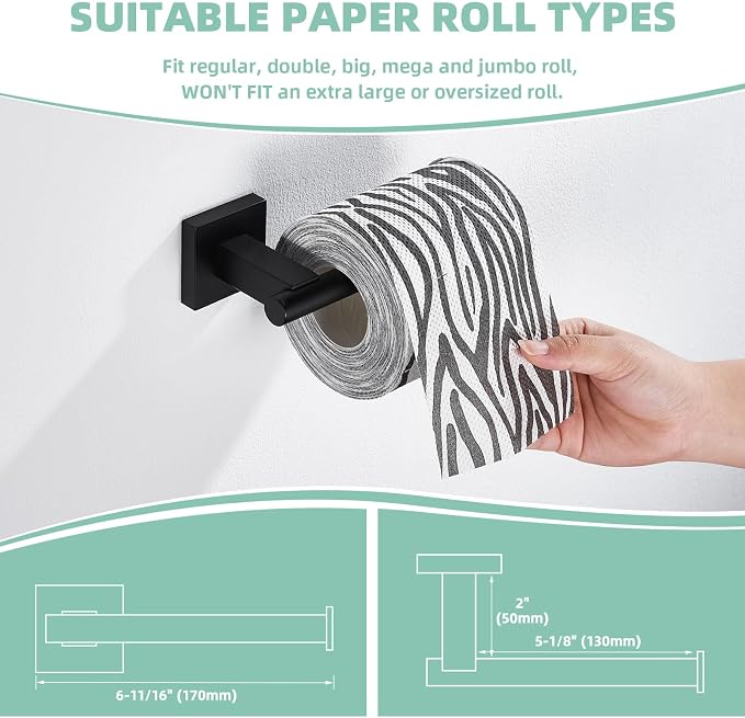 Suyar Bathroom Hardware Set Matte Black, Bathroom Accessories 4 Pieces | Include Robe Hook, Toilet Paper Holder, Hand Towel Holder, Towel Bar, SUS304 Stainless Steel, Wall Mounted