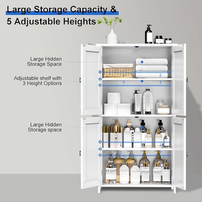 Bathroom Cabinet with Adjustable Shelf Freestanding Storage Cabinet with 2 Doors Wooden Organizer Floor for Bathroom Kitchen and Living Room (White, 4 Doors)
