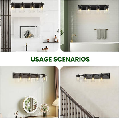 Bathroom Vanity Light Fixture, 4-Light Modern Black Vanity Light Fixtures with Clear Glass Shade, Matte Black Bathroom Light Fixtures Over Mirror, Rustic Restroom Lighting Fixtures