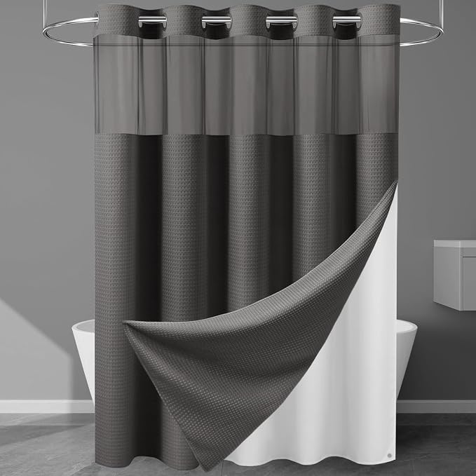 EUTXL Heavyweight No Hook Shower Curtain with Liner, Charcoal Grey,71x86 | Snap in Liner, 256GSM Thick Waffle Fabric, Hotel Luxury Spa, Corner Magnets, Quick Dry, Waterproof & Washable, Extra Long