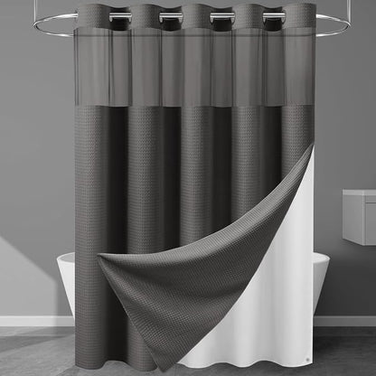 EUTXL Heavyweight No Hook Shower Curtain with Liner, Charcoal Grey,71x86 | Snap in Liner, 256GSM Thick Waffle Fabric, Hotel Luxury Spa, Corner Magnets, Quick Dry, Waterproof & Washable, Extra Long