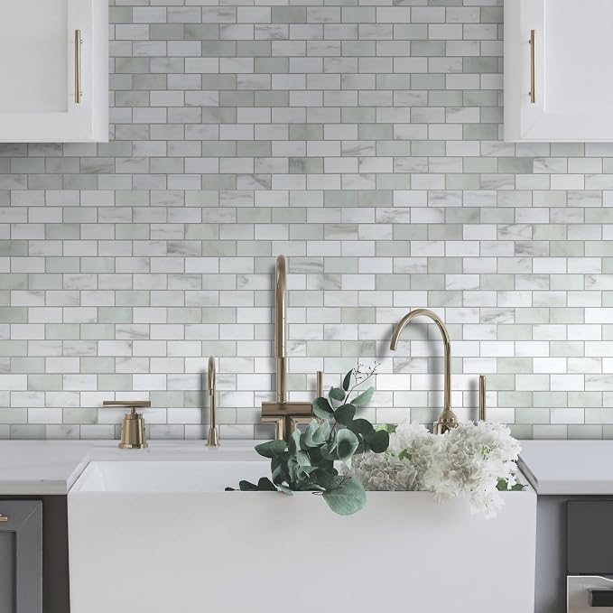 10-Sheet Subway Peel and Stick Backsplash Tile, 11.3" x 10.8" Emerald Green Stone Composite Marble Looks Self Adhesive Waterproof Wall Tile, Stick on Tiles for Kitchen Bathroom Shower Fireplace