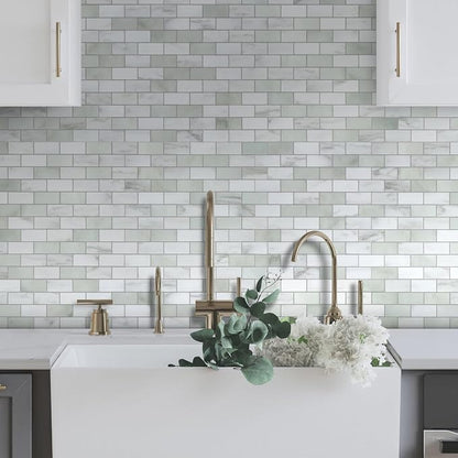 10-Sheet Subway Peel and Stick Backsplash Tile, 11.3" x 10.8" Emerald Green Stone Composite Marble Looks Self Adhesive Waterproof Wall Tile, Stick on Tiles for Kitchen Bathroom Shower Fireplace