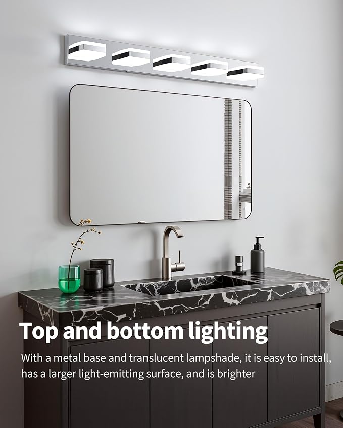 Bathroom Lighting Fixtures Over Mirror, 5 Light Silver Vanity Light | Cool White, 5000K, Modern Vanity Wall Lights for Bath, Dressing Room, Restroom, 37.4 inch