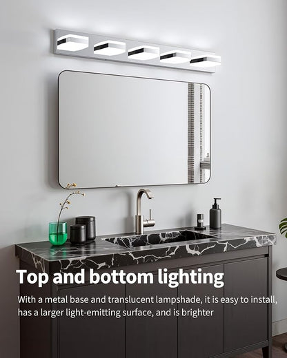Bathroom Lighting Fixtures Over Mirror, 5 Light Silver Vanity Light | Cool White, 5000K, Modern Vanity Wall Lights for Bath, Dressing Room, Restroom, 37.4 inch