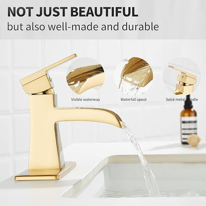 Brushed Gold Bathroom Sink Faucet, Sanliv Single Hole Waterfall Bathroom Faucet for 1 or 3-Hole Sinks (4 Inch Centerset) One Handle Vanity Faucets with Pop Up Drain, Champagne Bronze
