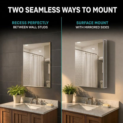 Bathroom Medicine Cabinet - Single Door, Aluminum, Recessed/Surface Mount, 24" x 36", Right/Left Hinged, Mirrored Interior