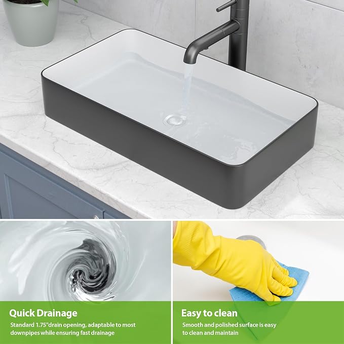 Bathroom Vessel Sink 24x14 Inch Black and White Rectangular Sink | Above Counter Large Bathroom Sink Porcelain Ceramic Large Bathroom Sink Vanity Sink Lavatory Art Basin