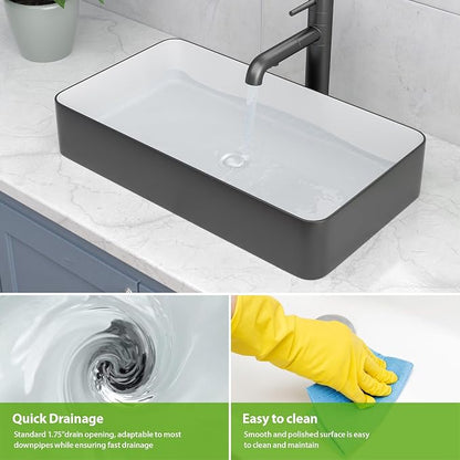 Bathroom Vessel Sink 24x14 Inch Black and White Rectangular Sink | Above Counter Large Bathroom Sink Porcelain Ceramic Large Bathroom Sink Vanity Sink Lavatory Art Basin