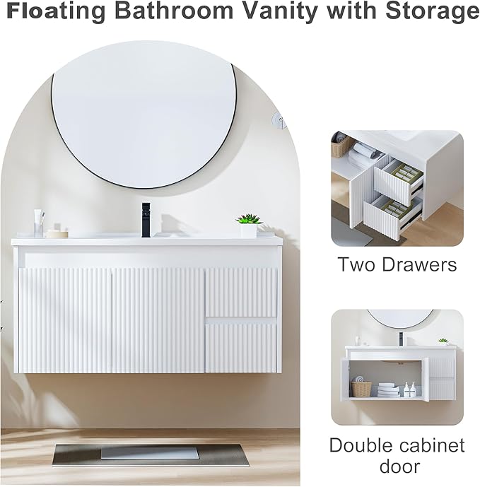 Floating Bathroom Vanity with Sink, 40 Inch Wall Mounted Bathroom Vanity with 2 Drawers and Wave-Carved Design Door, Modern Wooden Cabinet with Ceramic Sink and Storage, White