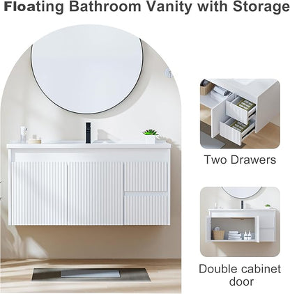 Floating Bathroom Vanity with Sink, 40 Inch Wall Mounted Bathroom Vanity with 2 Drawers and Wave-Carved Design Door, Modern Wooden Cabinet with Ceramic Sink and Storage, White