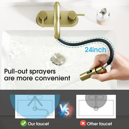 Brushed Gold Bathroom Faucet with Pull Out Sprayer, Dual-Function Spout Gold Bathroom Sink Faucets, 4 Inch Two Handle Utility Sink Faucet with Sprayer 3 Hole, Easy Pet Shower, RVs