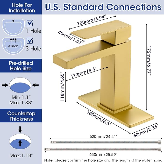 Brush Gold Bathroom Faucet, Stainless Steel Vanity Faucet with Pop Up Drain Stopper and Water Hoses, Easy to Install Bathroom Faucet 1 Hole for Bathroom Sink, Vanity, RV, Farmhouse