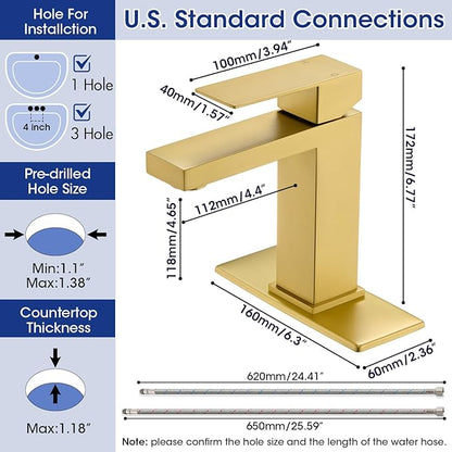 Brush Gold Bathroom Faucet, Stainless Steel Vanity Faucet with Pop Up Drain Stopper and Water Hoses, Easy to Install Bathroom Faucet 1 Hole for Bathroom Sink, Vanity, RV, Farmhouse