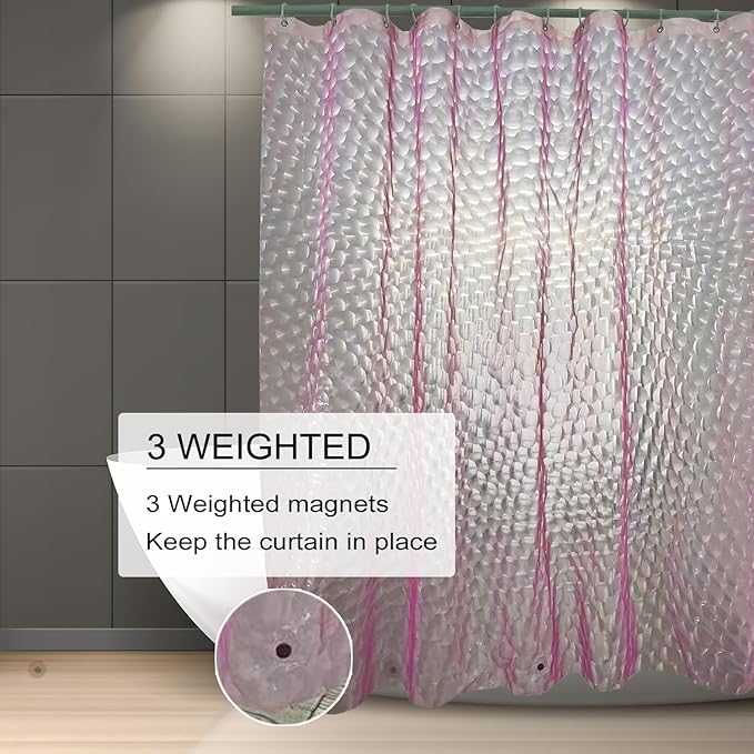Shower Curtain Liner, Eva Pink 4G Lightweight Shower Liner, Plastic Waterproof Shower Curtains, 72x72 inch with 12 Grommet Holes 3 Large Magnetic Weights