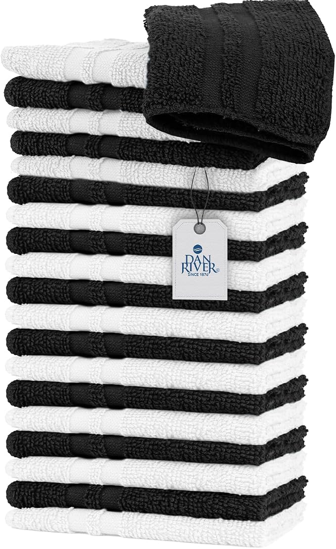 DAN RIVER 100% Cotton Washcloths 20 Pack Premium Quality Face and Body Cloth, Quick Dry Essential Towels for Bathroom, Hand, Kitchen & Cleaning, Baby Washcloths | 11X11 in | 400 GSM | Black+White