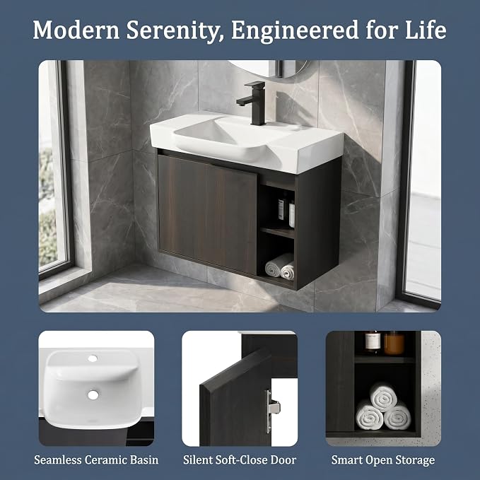 24" Bathroom Vanity with Sink, Wall-Mounted Cabinet, Dark Oak | Ceramic Sink, Soft-Close Door & 2 Open Storage Shelves, Modern Farmhouse Sink Cabinet, Easy to Clean for Small Bathroom