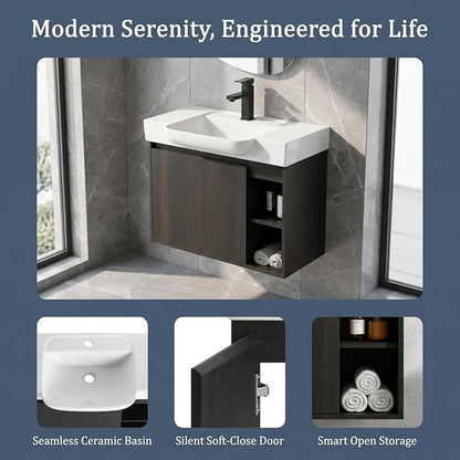 24" Bathroom Vanity with Sink, Wall-Mounted Cabinet, Dark Oak | Ceramic Sink, Soft-Close Door & 2 Open Storage Shelves, Modern Farmhouse Sink Cabinet, Easy to Clean for Small Bathroom