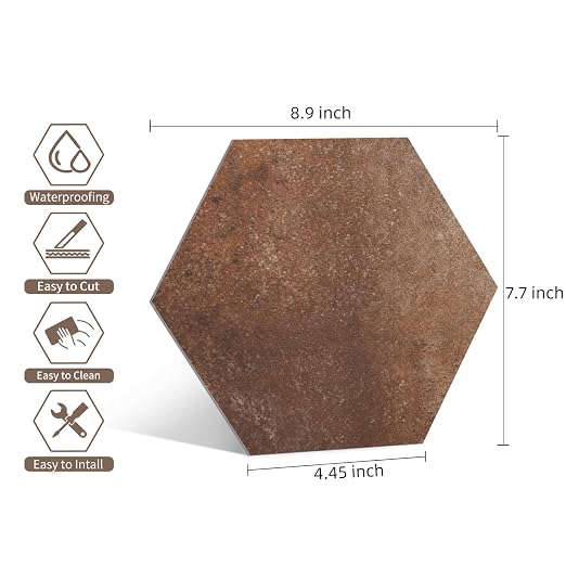 W&S 24-Sheets Hexagon Peel and Stick Floor Tile, Red Brown Peel and Stick Backsplash Tile for Wall, Self Adhesive Faux Stone Flooring DIY for Kitchen, Living Room, RV, Bathroom