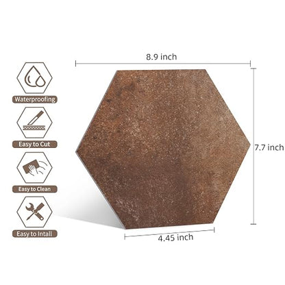 W&S 24-Sheets Hexagon Peel and Stick Floor Tile, Red Brown Peel and Stick Backsplash Tile for Wall, Self Adhesive Faux Stone Flooring DIY for Kitchen, Living Room, RV, Bathroom