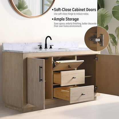 Vanity Art 60" Bathroom Vanity with Sink, Vanity Cabinet with Doors and Shelf, Modern Wood Bathroom Vanity with White Marble Top, Solid Wood Frame, 3 Functioning Drawers,VA70-60-SLW-E
