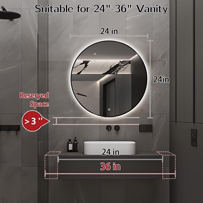 Niccy Round LED Bathroom Mirrors, Black Framed Backlit Vanity Mirror, 24" | LED Smart Circle Mirror with 3 Color Lighting, Anti-Fog Lighted, IP65 Waterproof, Wall Mounted Bathroom Vanity