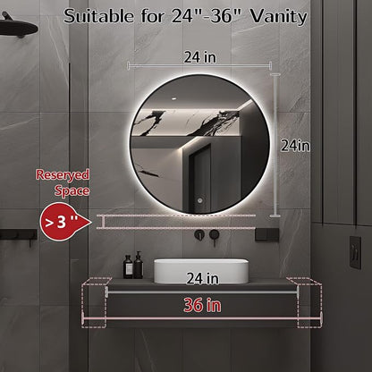 Niccy Round LED Bathroom Mirrors, Black Framed Backlit Vanity Mirror, 24" | LED Smart Circle Mirror with 3 Color Lighting, Anti-Fog Lighted, IP65 Waterproof, Wall Mounted Bathroom Vanity