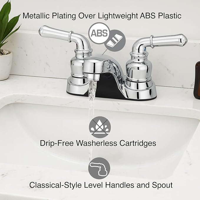 Pacific Bay Lynden Bathroom Sink Faucet, Plated ABS (Chrome) 2 Pack | Metallic-plated ABS sink faucet - lightweight, rustproof, and easy to install. Plated ABS plastic (not metal).