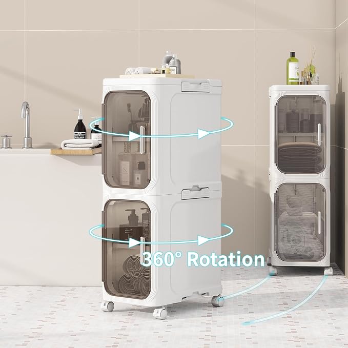 3 Tier Slim Bathroom Storage Cabinet, Foldable and Movable, White | Tools Free, ABS and PET, Magnetic Clear Door, Adjustable Shelves, Lockable Wheels, Water Resistant, For Narrow Space