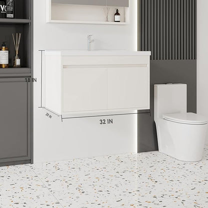 32'' Bathroom Vanity with Ceramic Sink Combo, Wall Mounted Small Bathroom Vanity with Soft-Close Door Modern Floating Cabinet, Pop-up Drain, P-Trap Included, Khaki(No Faucet)