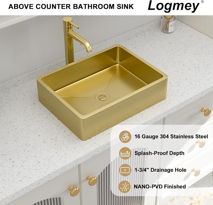 Logmey 16" Gold Shallow Bathroom Vessel Sink 16x12 Small Handmade 16 Gauge Stainless Steel Above Counter 4" Deep RV Bathroom Sink Rectangle Vessel Sinks with Pop up Drain Set