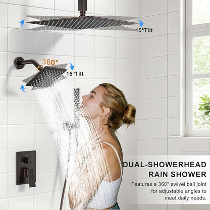 Rain Shower System 12" & 6" Dual Shower Heads Ceiling Shower Faucet Set | Ideal for bathroom remodels and upgrades with 12" rain shower, 6" angled shower, handheld spray and complete valve kit.