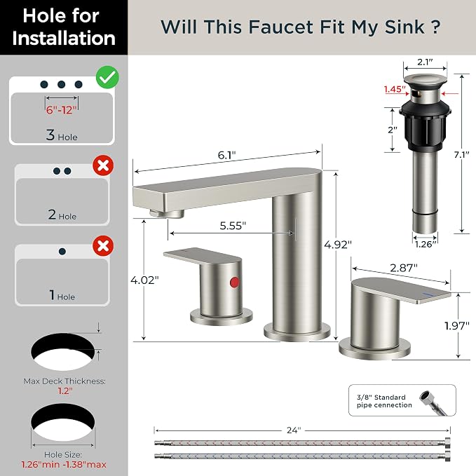 FORIOUS 8 Inch Bathroom Faucet 3 Hole, 2 Handles for Vanity Brushed Nickel | 2 Handles Bathroom Sink Faucet with Pop-up Drain and 24" cUPC Lines, Fits 6-12 Inch 3 Hole Install, for RV Laundry Sink