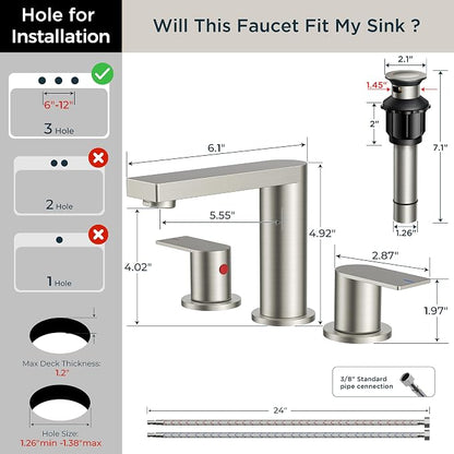 FORIOUS 8 Inch Bathroom Faucet 3 Hole, 2 Handles for Vanity Brushed Nickel | 2 Handles Bathroom Sink Faucet with Pop-up Drain and 24" cUPC Lines, Fits 6-12 Inch 3 Hole Install, for RV Laundry Sink