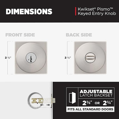 Kwikset Pismo Entry Door Knob with Lock and Key, Secure Keyed Handle Exterior, Front Entrance and Bedroom, Satin Nickel, 4 Pack, Pick Resistant SmartKey Rekey Security and Microban
