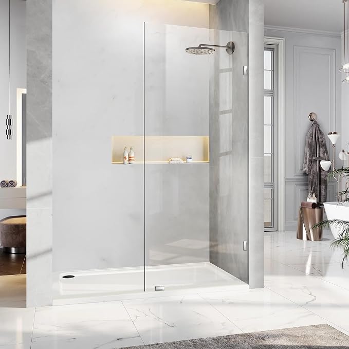 Bathroom Shower Glass Door 34" W×78.75" H, 3/8"(10mm) Thick Clear Tempered Glass Panel with Clamps, Fixed Frameless Waterproof Shower Door, Chrome
