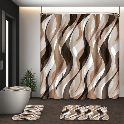 Bathroom Sets with Shower Curtain and Rugs, 4 Pcs, Geometric Ombre | Abstract Modern Lines Bathroom Decor Set with Toilet Lid Cover, Non-Slip Bath Mats and Accessories 12 Hooks
