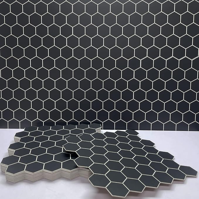10-Sheet Hexagon Peel and Stick Backsplash, 11.42" x 11.42" Black Honeycomb Self-Adhesive Marble Mosaic Wall Tile, Waterproof Stick on Backsplash Tiles for Kitchen Bathroom Shower